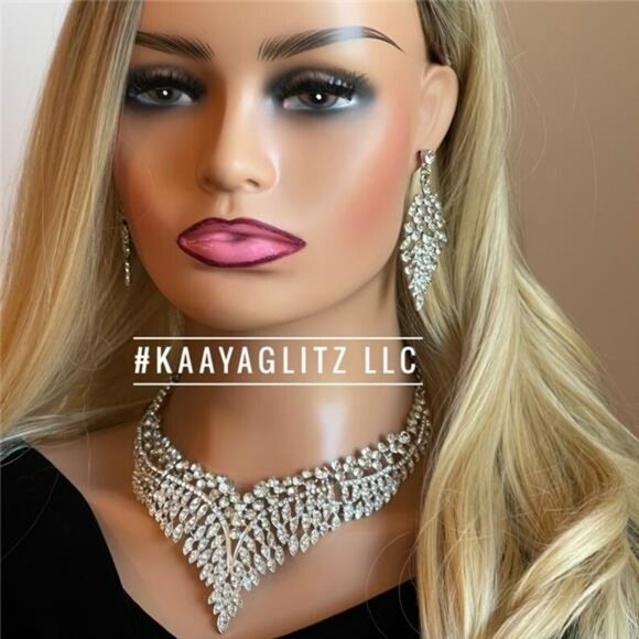 3 PCS Silver Rhinestone Necklace Earrings Crown Set Bridal Prom Jewelry Set - Picture 3 of 4